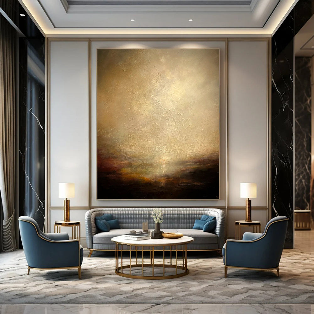 “Mystic Horizon” - Beige, Brown & Gold Abstract Landscape Painting On Canvas DKH1534
