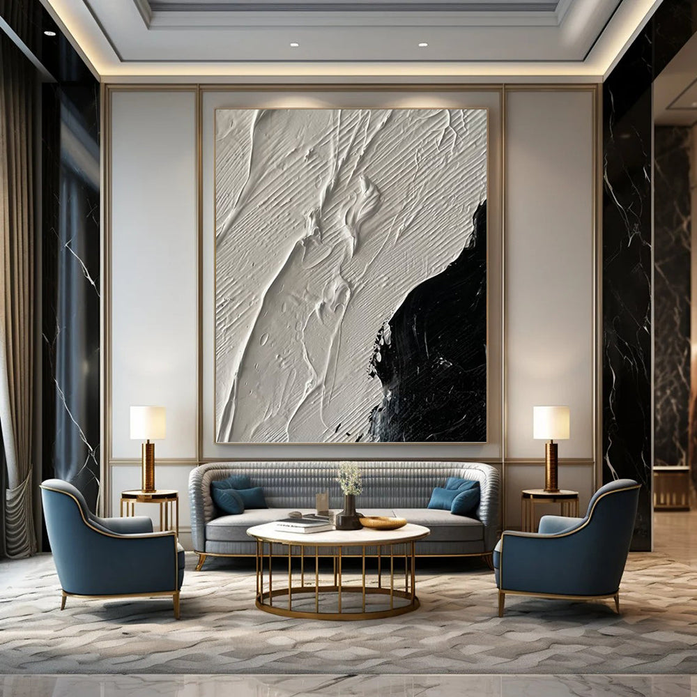 White and Black Textured Contrast - Abstract Painting On Canvas DKH1328