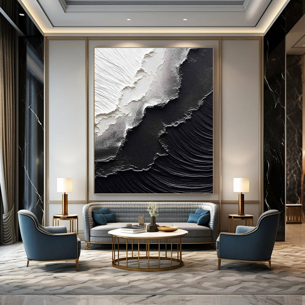 Textured Black and White Abstract Layers - Abstract Painting On Canvas DKH1475