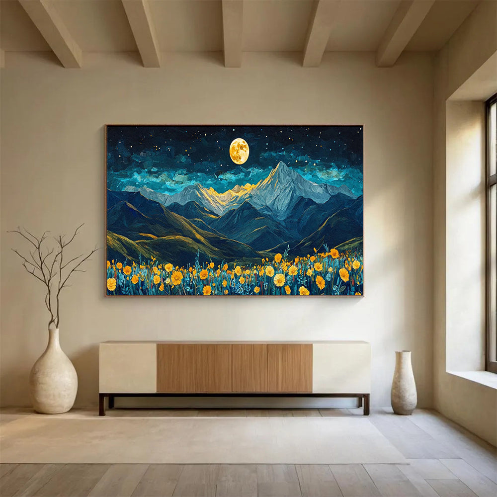 “Moonlit Peaks & Blooms” - Blue, Yellow, Gold Landscape Fantasy Painting On Canvas DKH694