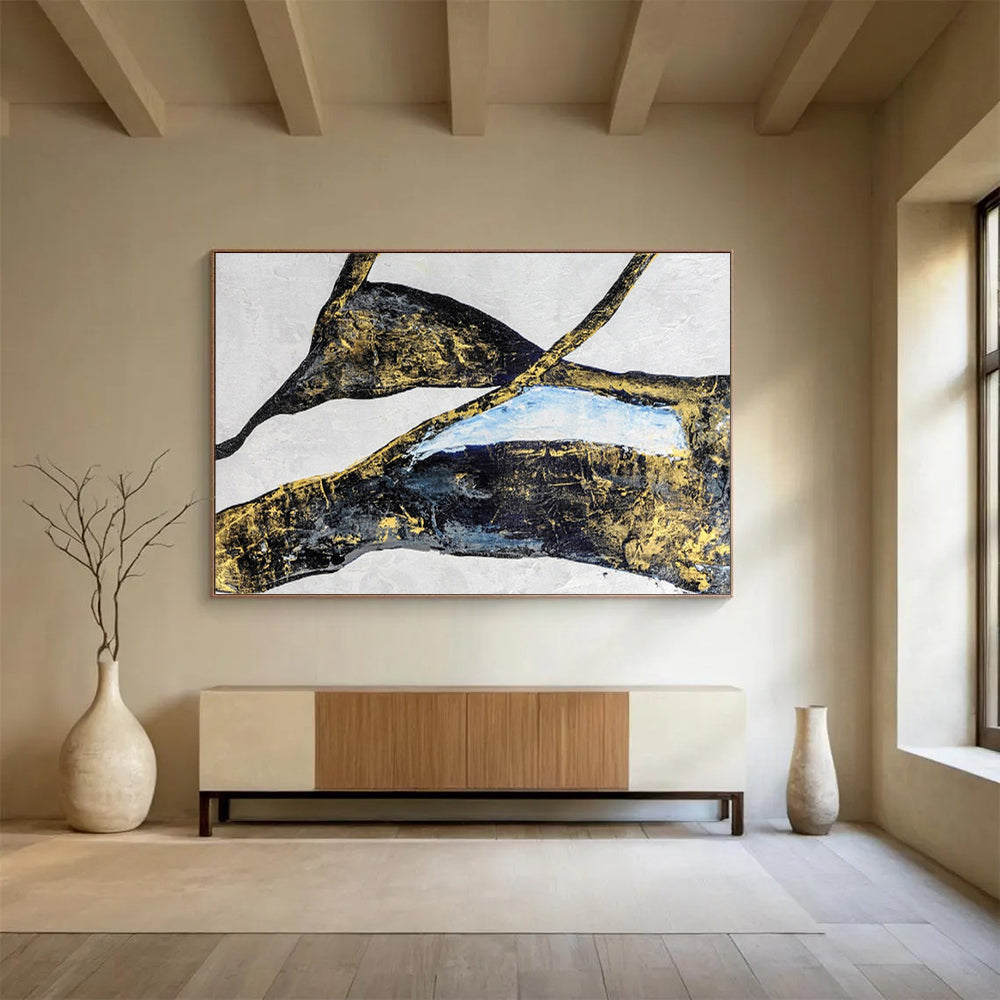 “Gilded Organic Shapes - Black, Gold, and Blue” Painting On Canvas DKH011