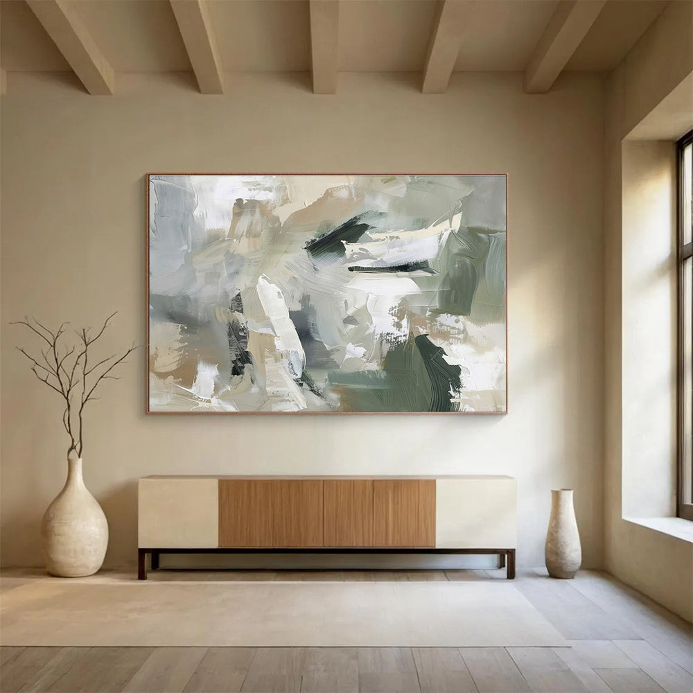 Earth Tones Collide Green Beige Abstract Brushstrokes Painting On Canvas DKH240