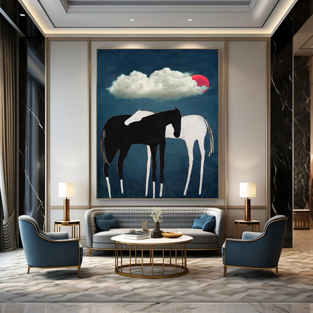 Black and White Horses Under Red Moon and Cloud - Equine Painting On Canvas DKH1418