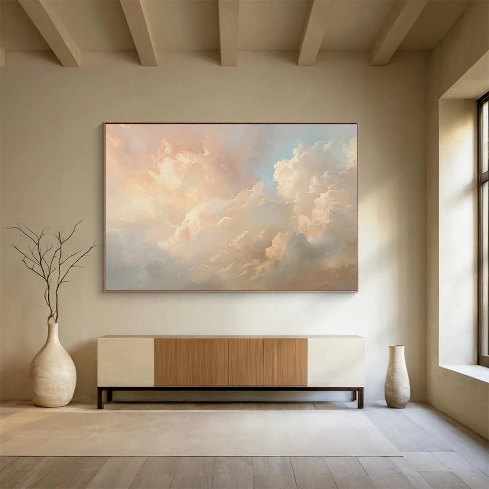 Heavenly Clouds Pink Beige Cloud Filled Sky Painting On Canvas DKH209