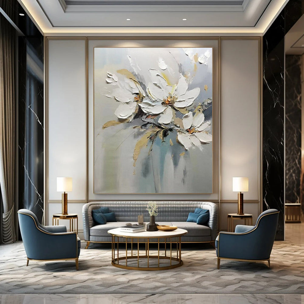 “White Floral Bouquet” - White, Beige & Gray Flower Painting On Canvas CT2201