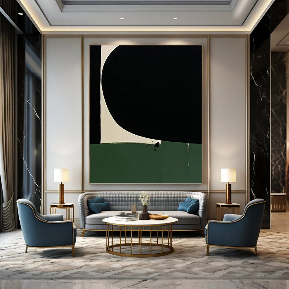 “Black, White & Green Minimalist” - Black, White & Green Minimalist Abstract Painting On Canvas DKH1214