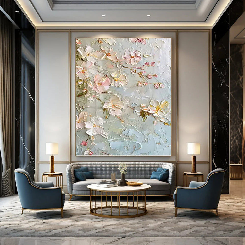 Light Blue and Pink Floral Blossom - Textured Flower Painting On Canvas DKH1392