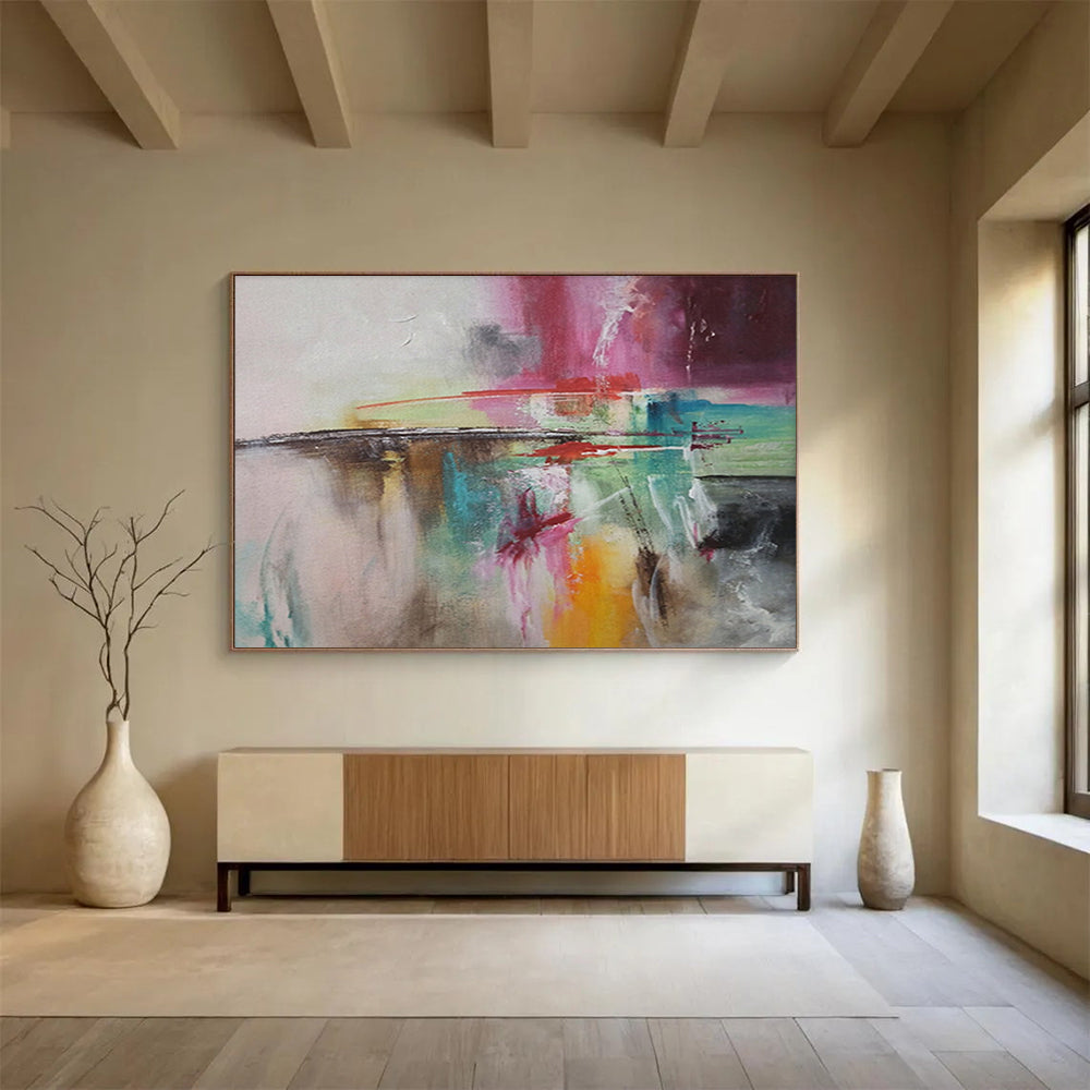 “Colorful Abstract Fusion - Pinks, Greens, and Bold Strokes” Painting On Canvas DKH006