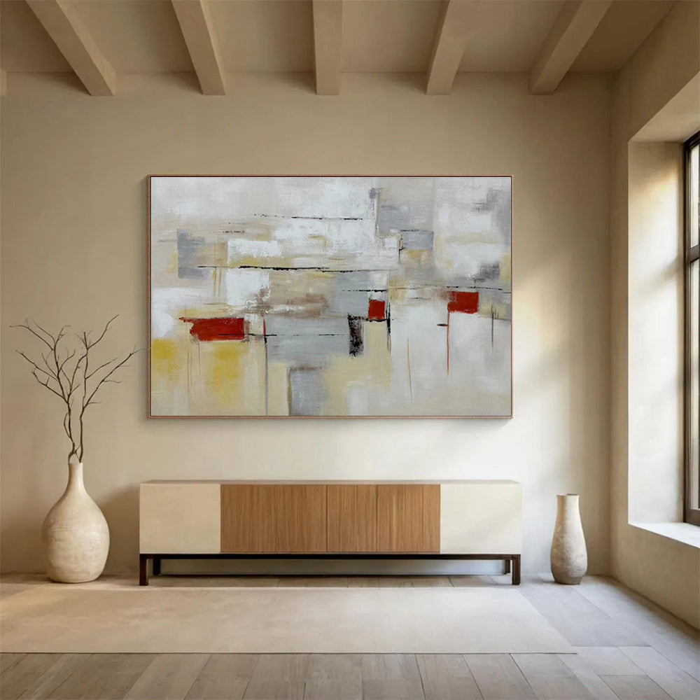 “Neutral Tones Abstract Geometry” - Beige, Gray, Red Minimalist Abstract Painting On Canvas DKH750