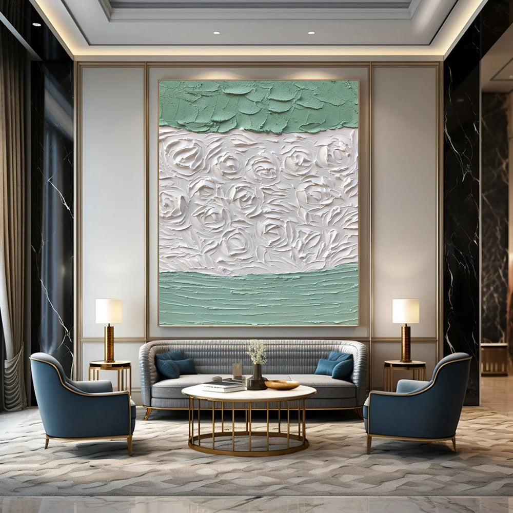 Textured White Roses on Green - Impasto Floral Painting On Canvas DKH1269