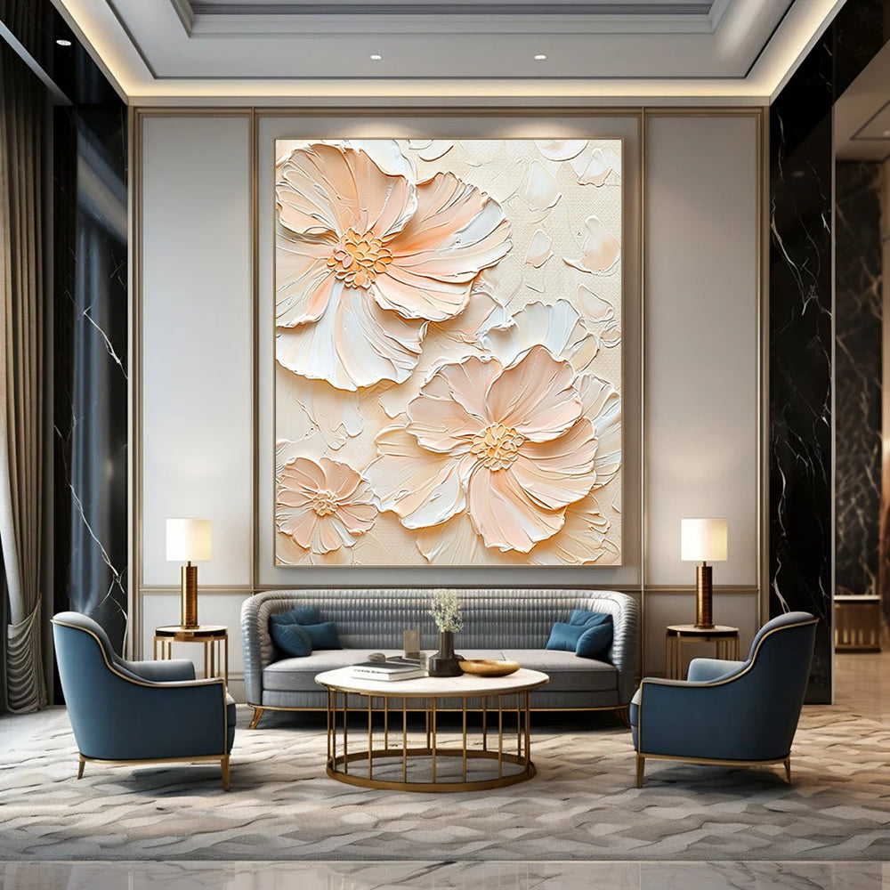 Peach - Colored Floral Relief - Impasto Flower Painting On Canvas DKH1389