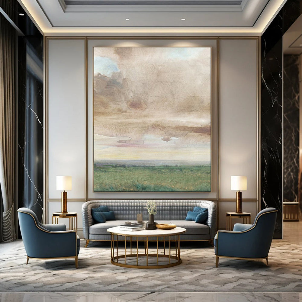 “Muted Sky Over Green Fields” – Watercolor Landscape Painting On Canvas CT2116