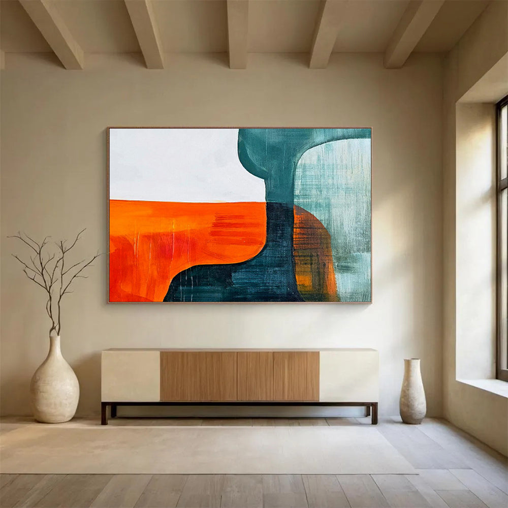 Orange Teal and Blue Shapes Vibrant Geometric Abstract Painting On Canvas DKH265