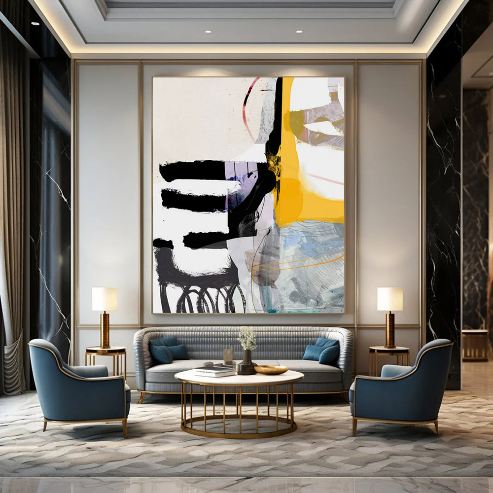 “Black, Yellow, Purple & White Collage - Style Abstract” - Abstract Painting On Canvas CT2313