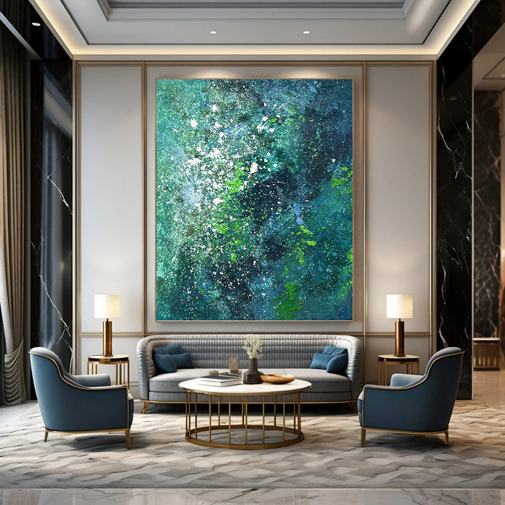“Teal & Green Abstract Galaxy” - Teal, Green & White Cosmic - Inspired Painting On Canvas DKH1029