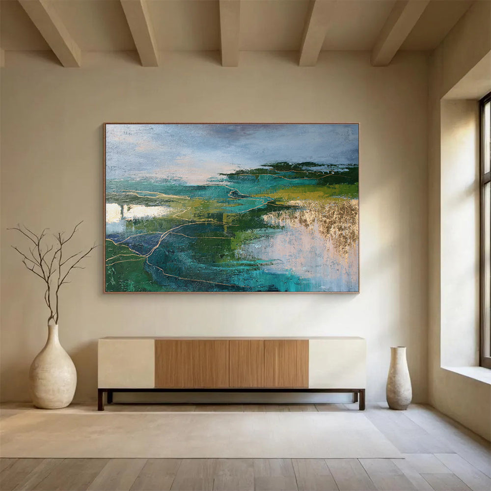 Green and Blue Abstract Landscape with Gold “Mystic Nature’s Pathways” Painting On Canvas DKH129