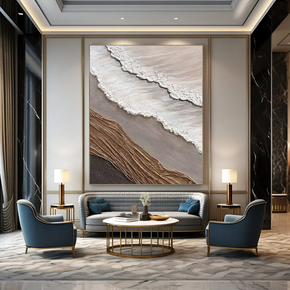 “White, Brown, Gray Textured Coast ‘Eroded Elegance’” - Mixed - Media Beach Painting On Canvas DTP344