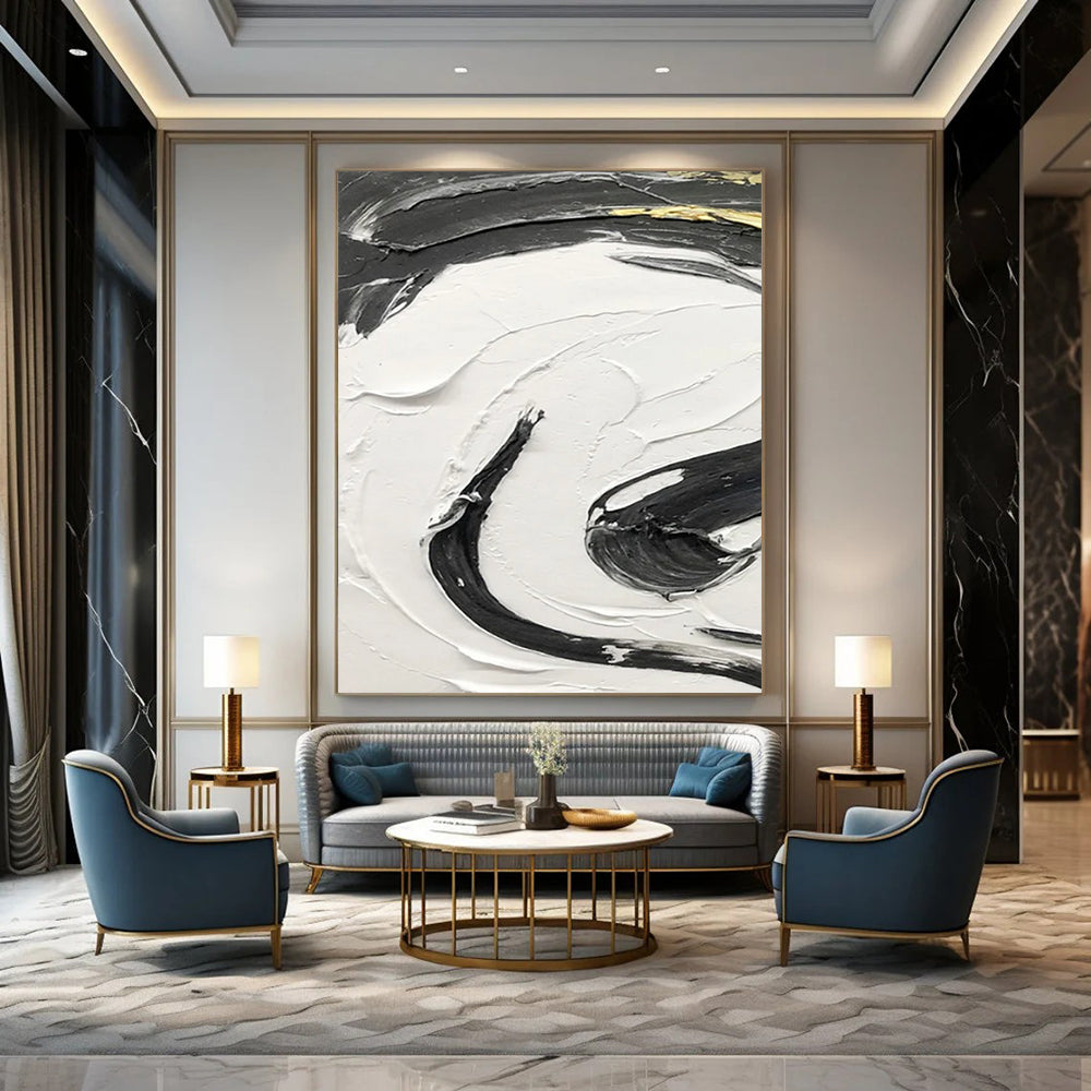 “Black, White, Gold Textured Swirls ‘Opulent Energy’” - Impasto Abstract Painting On Canvas DTP378