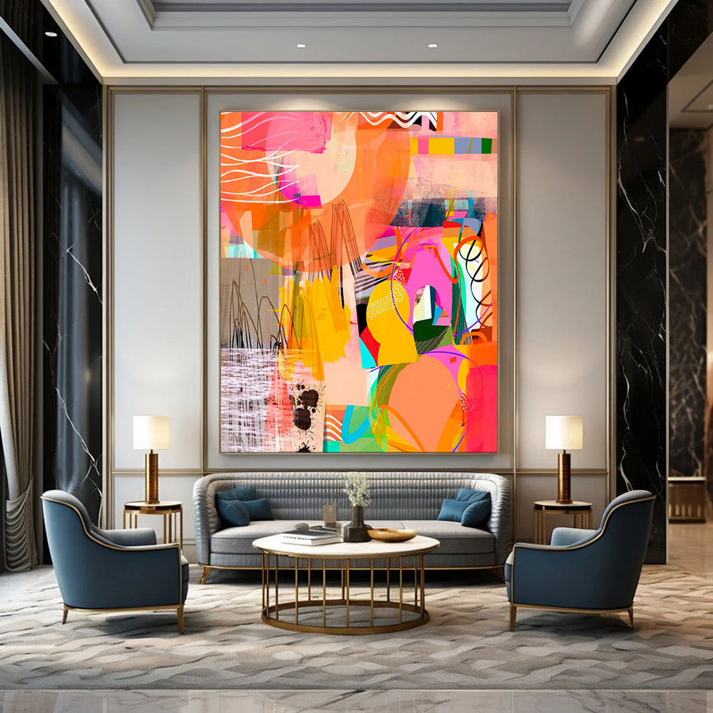 Vibrant Geometric Collage, Playful Shapes - "Color Carnival Collage" - Mixed - media Abstract Art CT1841