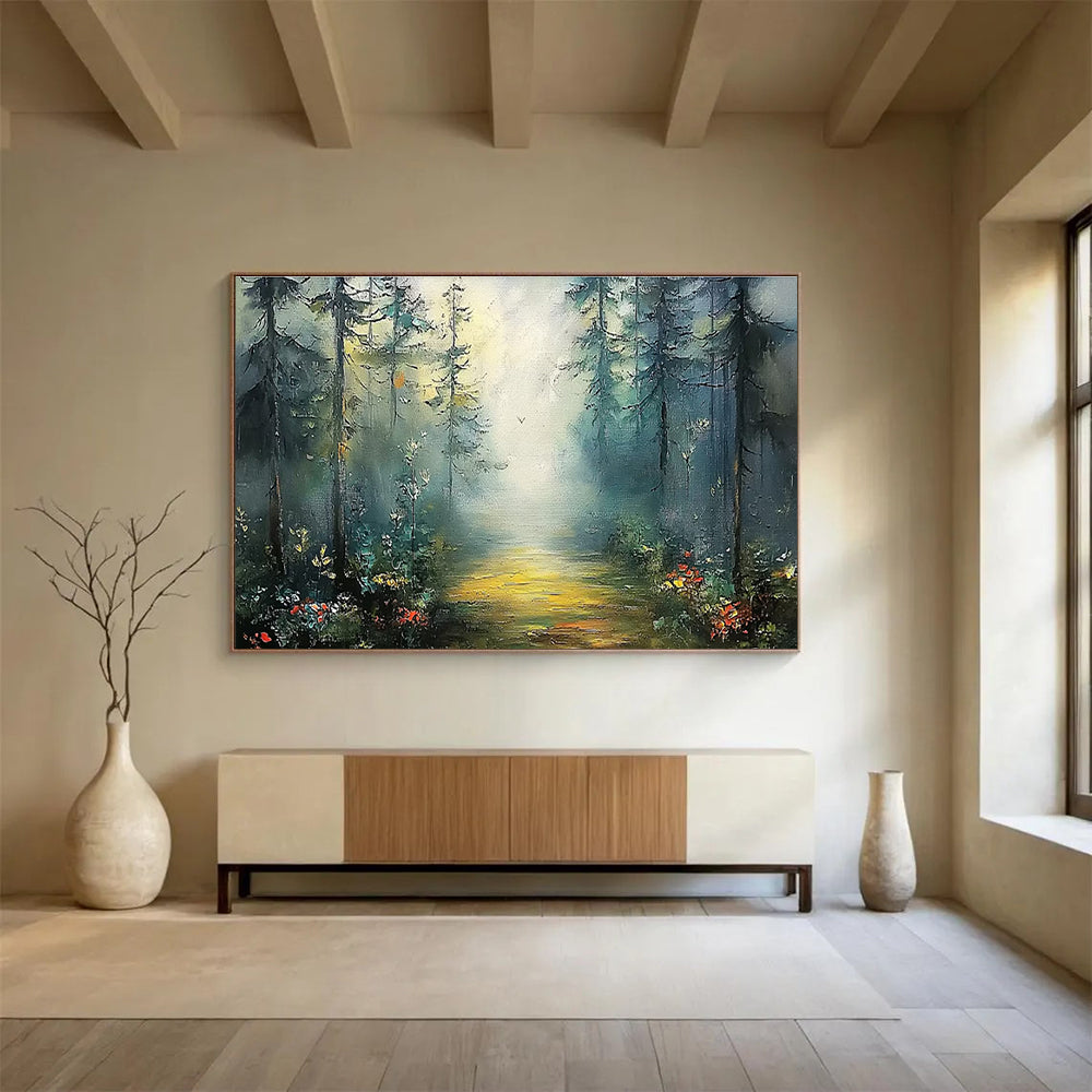 Misty Forest Path - Green & Yellow Landscape Painting On Canvas DKH871