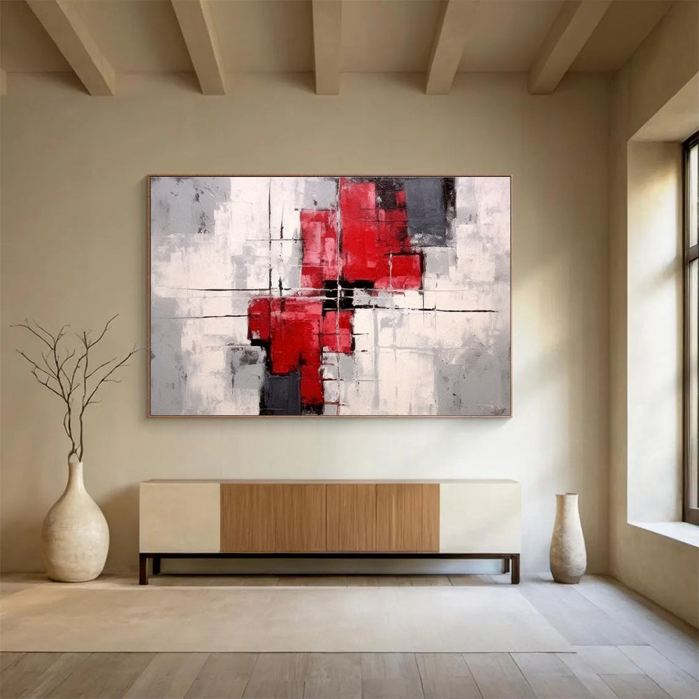 Red Gray and White Geometric Forms Structured Abstract Composition Painting On Canvas DKH269