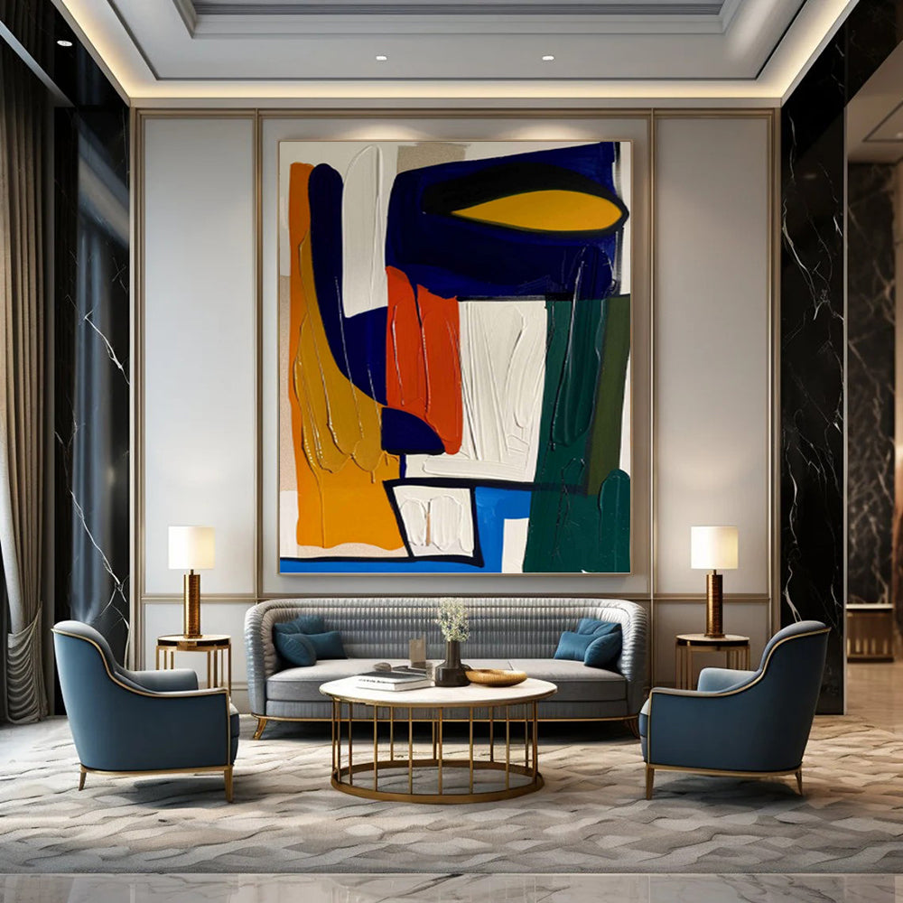 “Bold Geometric Palette” - Blue, Orange, Yellow & Green Abstract Shapes Painting On Canvas DKH1187