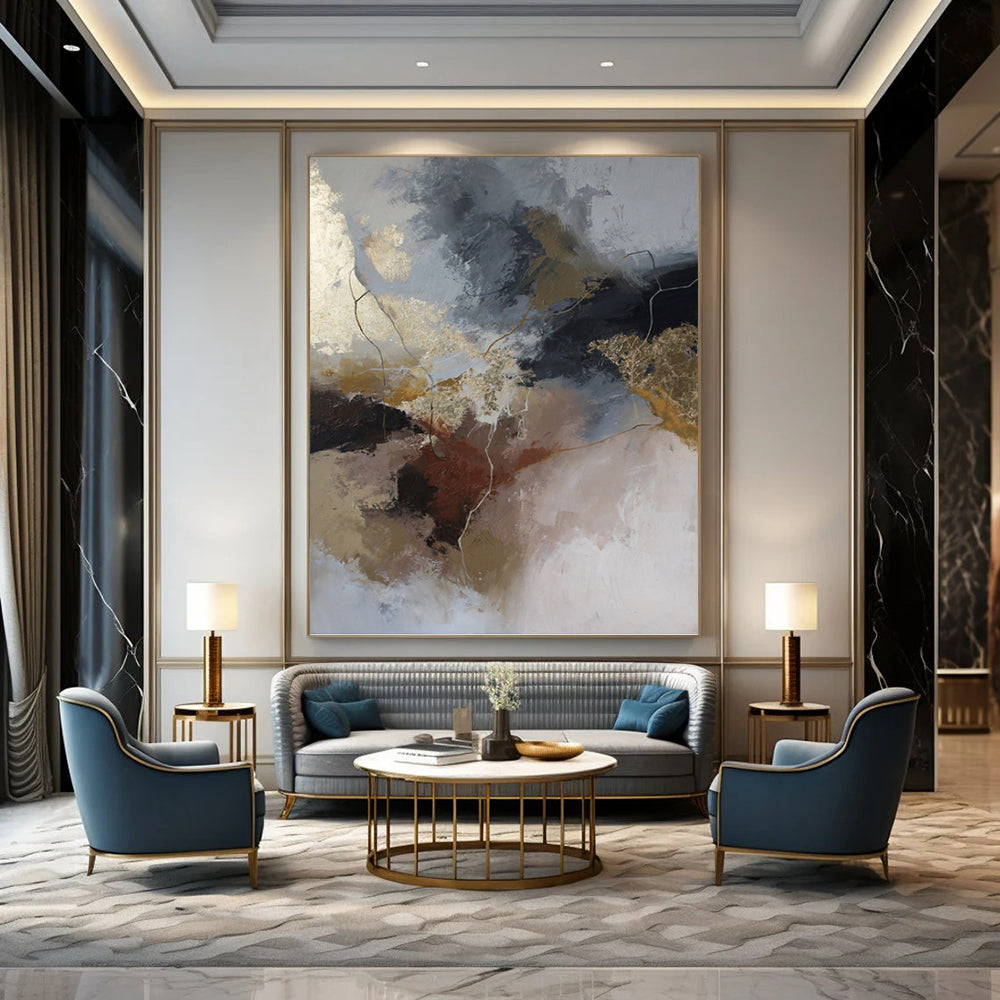 “Neutral & Gold Abstract Fusion” - Gray, Brown, Gold & White Expressionistic Painting On Canvas DKH1017