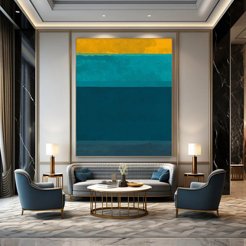 “Sunny Yellow & Ocean - Blue Stripes” - Minimalist Color - Block Painting On Canvas DKH1623
