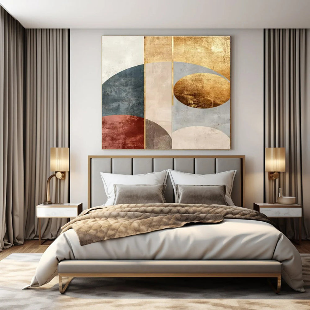 Geometric Arches: Gold, Blue & Rust II - Abstract Minimalist Print CT1247