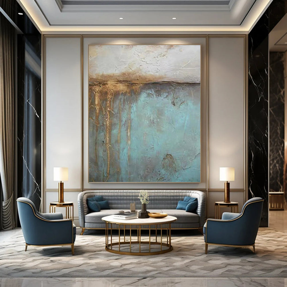 “Rustic Blue & Brown Textures” - Teal, Brown & Gray Abstract Textured Painting On Canvas DKH1191