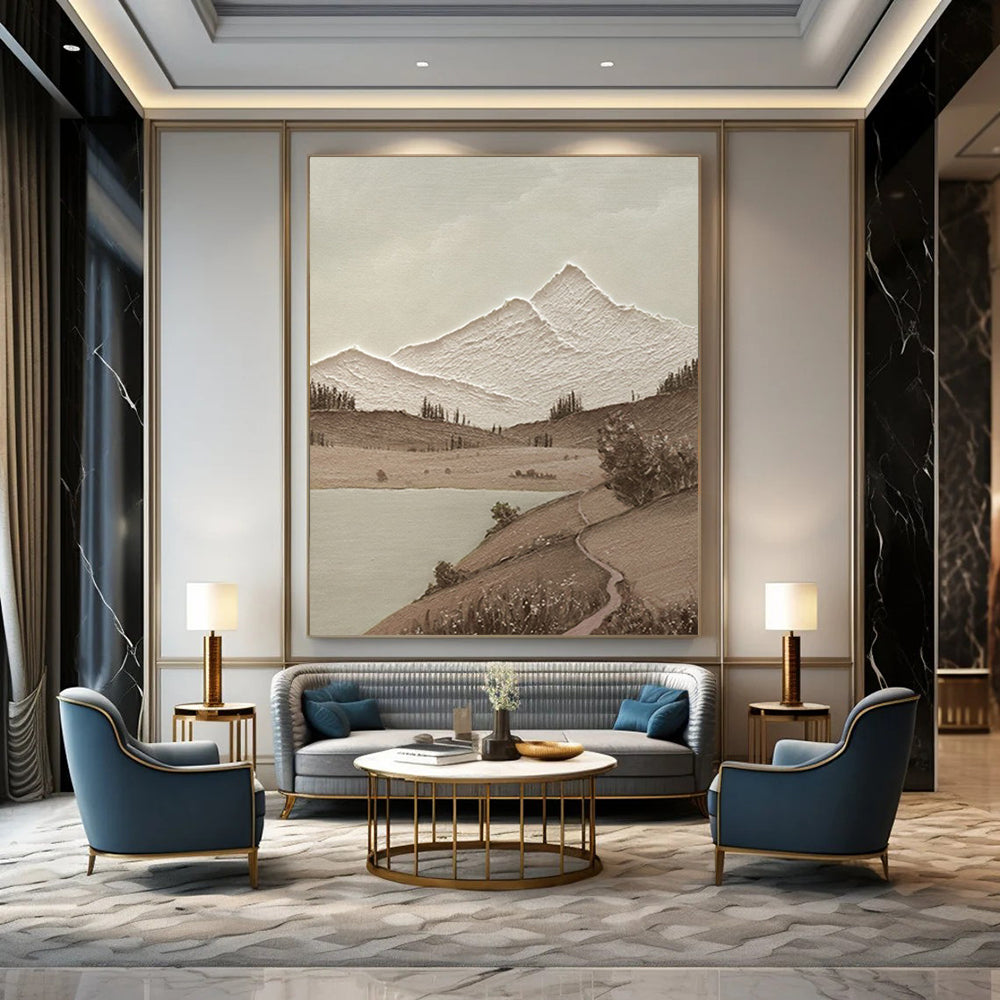 “Monochrome Mountain Serenity - Brown, White Textured Landscape” Painting On Canvas DTP268
