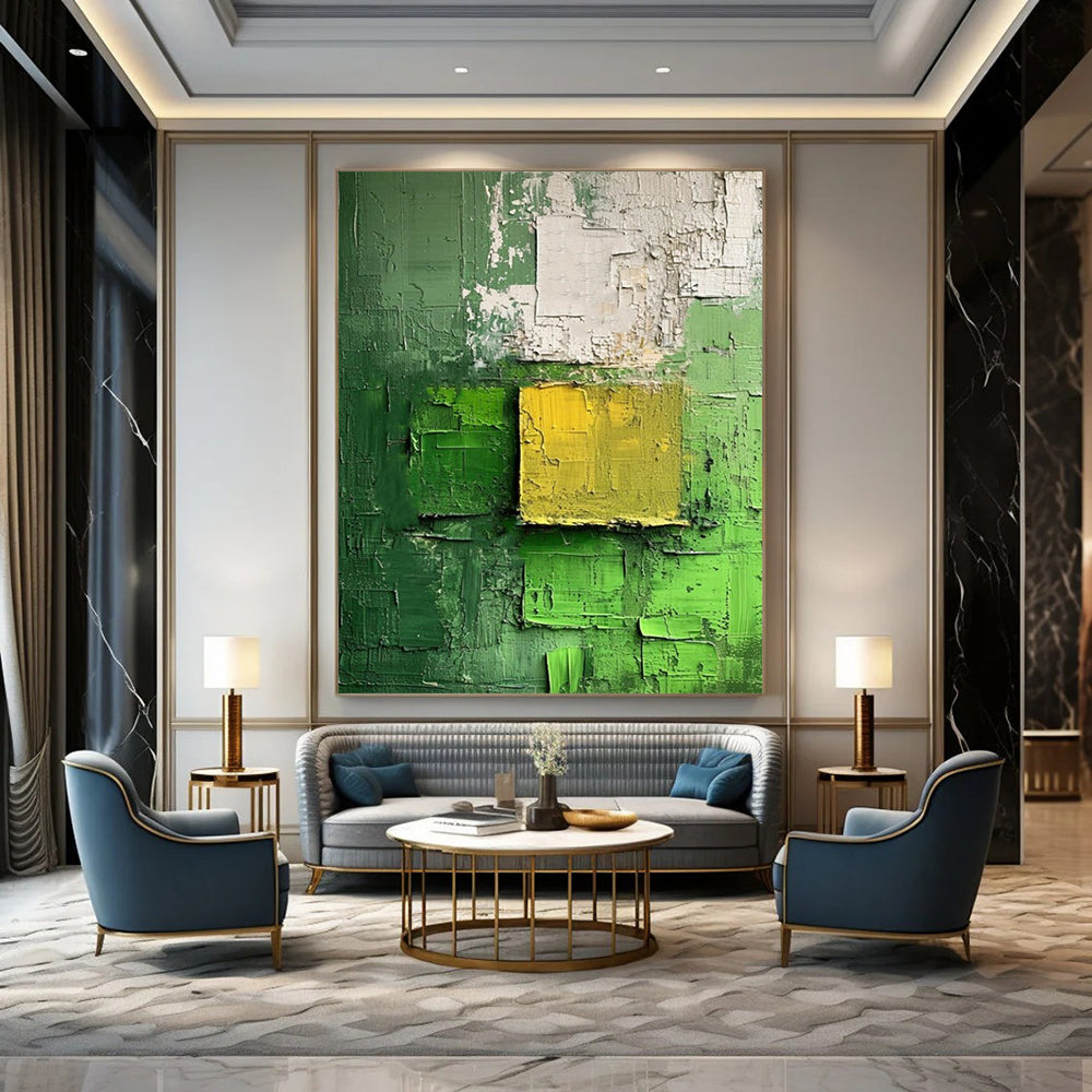 “Green - Yellow Textured Squares” - Impasto Abstract Painting On Canvas DTP029