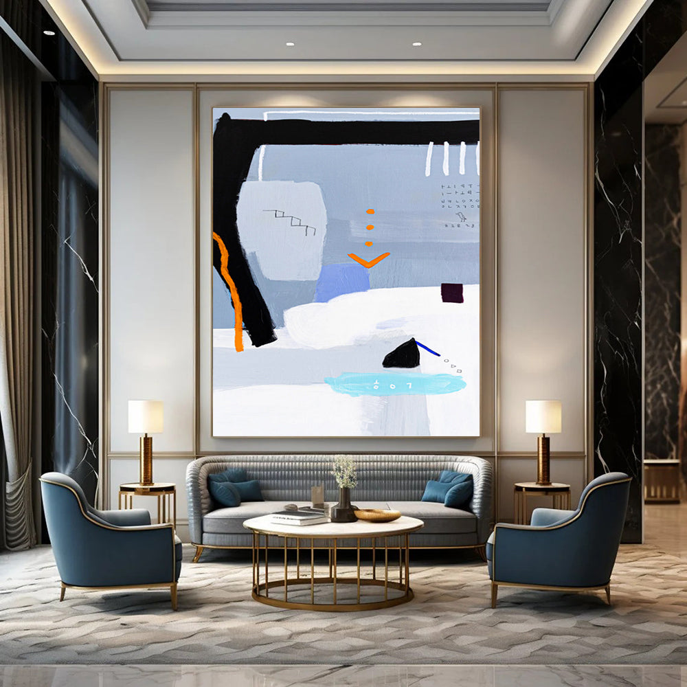 “Gray - Toned Abstract with Black, Orange, and Blue Accents” - Whimsical Abstract Painting On Canvas DKH1097
