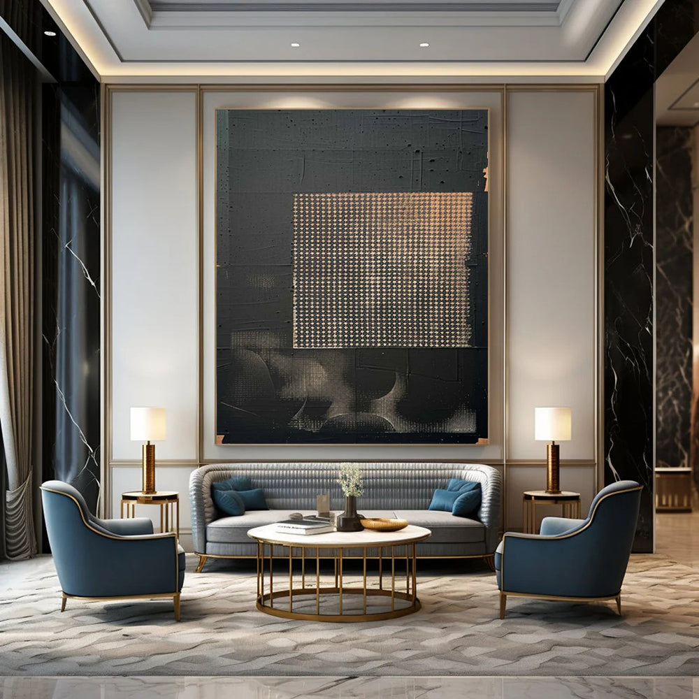 “Black - Gold Grid Abstract” - Black, Gold, Gray Minimalist Abstract Painting On Canvas DTP306