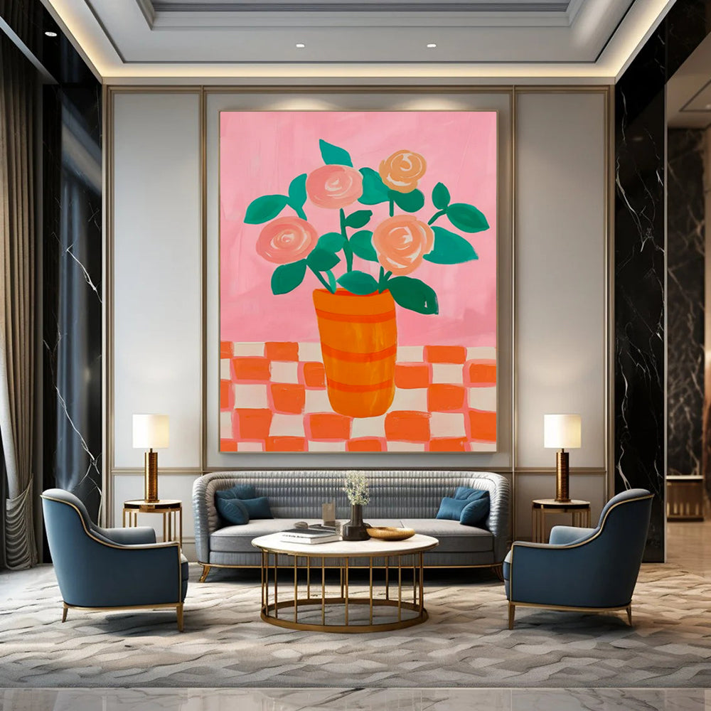 Pink & Orange Floral Vase - Folk - Art - Inspired Still - Life Painting On Canvas CT2258