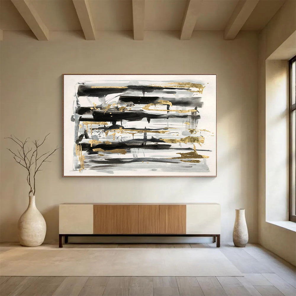 “Black, Gray, and Gold Abstract” - Sophisticated Abstract Painting On Canvas DKH846