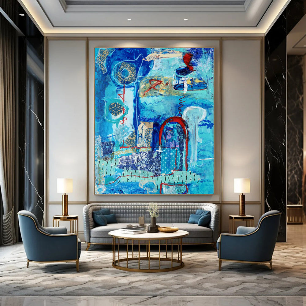 “Blue - Themed Abstract Collage” - Blue, Red, Gold Intricate Forms Painting On Canvas DTP296