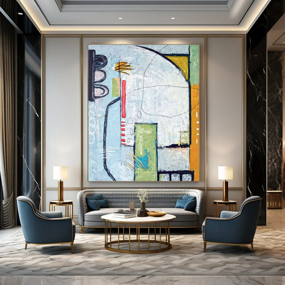 Urban Abstract with Traffic Light Motif - Blues, Greens, and Pops of Red Painting On Canvas CT2374