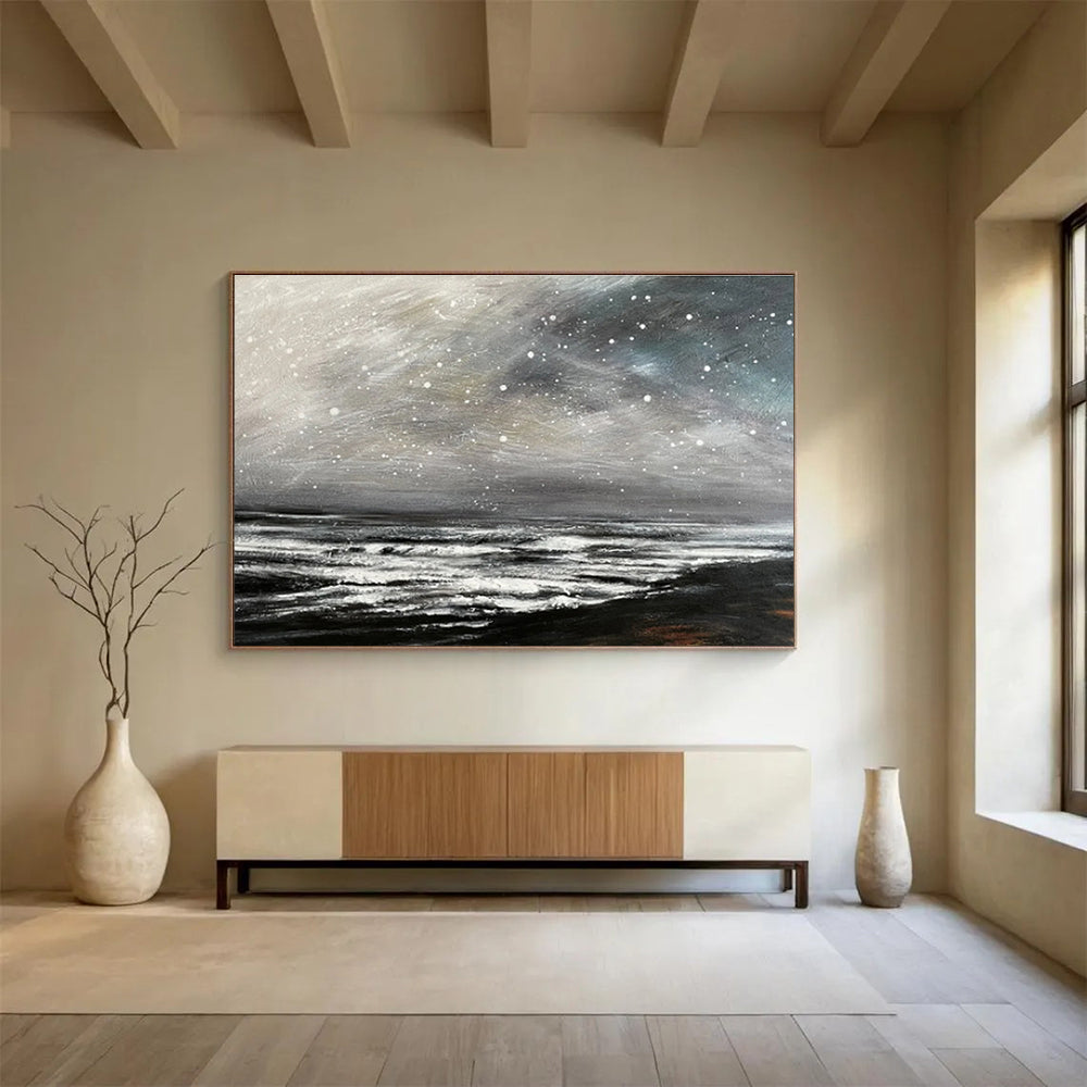 Black and White Starry Ocean “Nocturnal Wave Symphony” Painting On Canvas DKH109