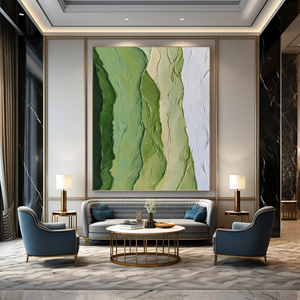 “Green Textured Ridges” - Green & White Impasto Abstract Painting On Canvas DKH1196