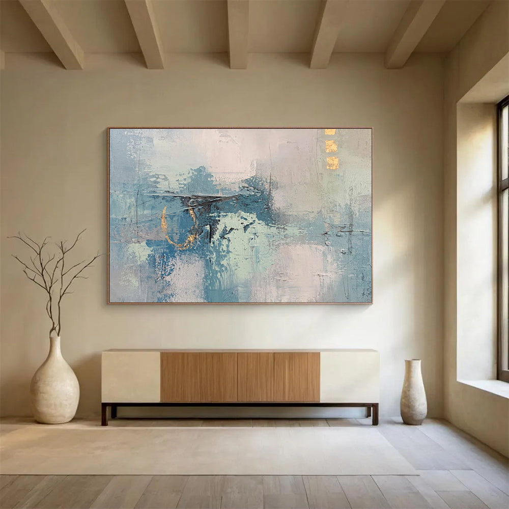 “Subtle Blue Abstract Layers” - Blue, Gray, Beige Minimalist Abstract Painting On Canvas DKH757