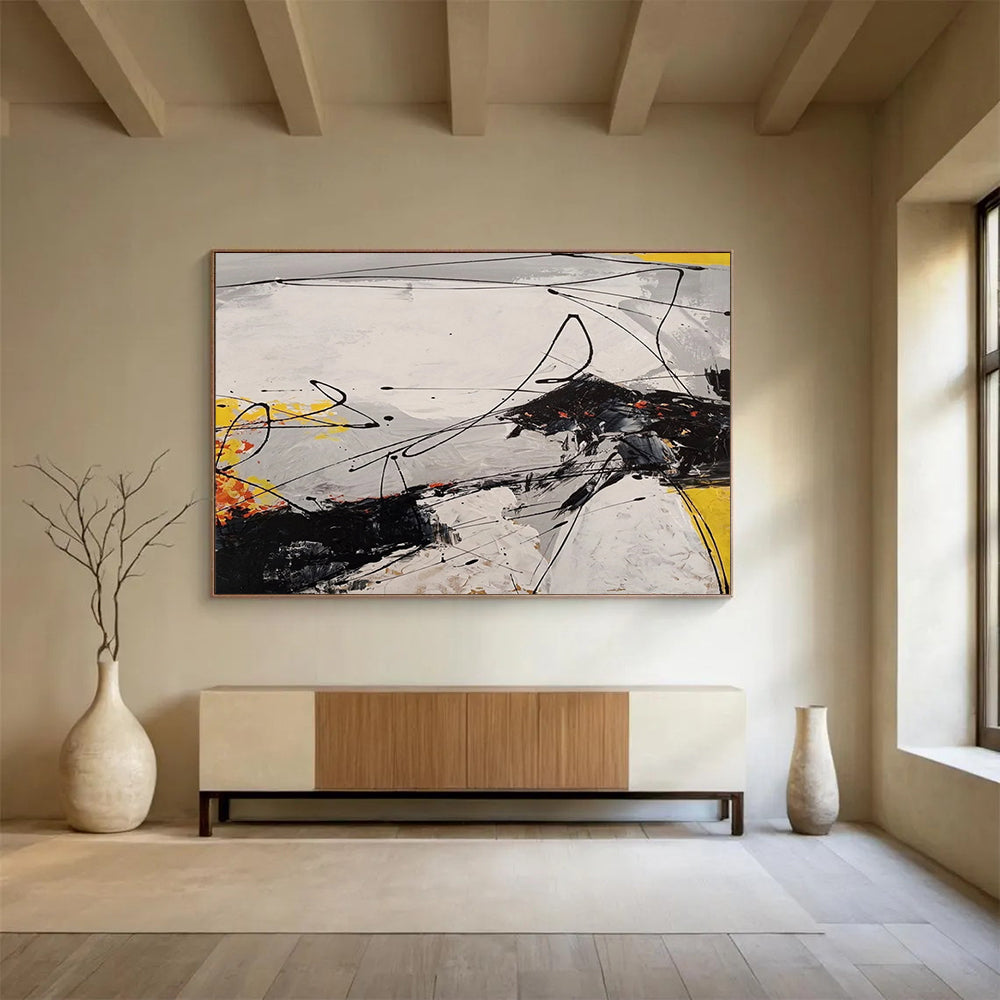 “Black, White, Yellow Gestural ‘Dynamic Dissonance’” - Abstract Gestural Painting On Canvas DLZ030