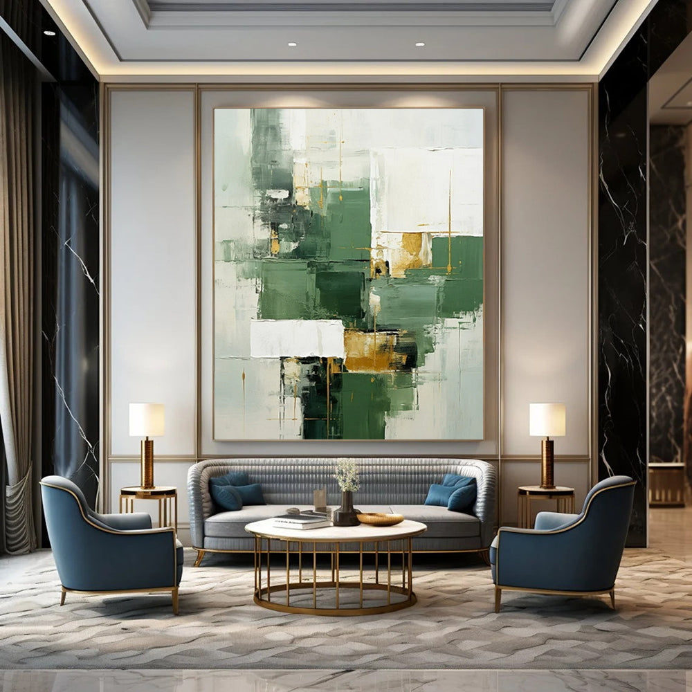 Green, White & Gold Geometric Abstract - Geometric Abstract Painting On Canvas CT2292