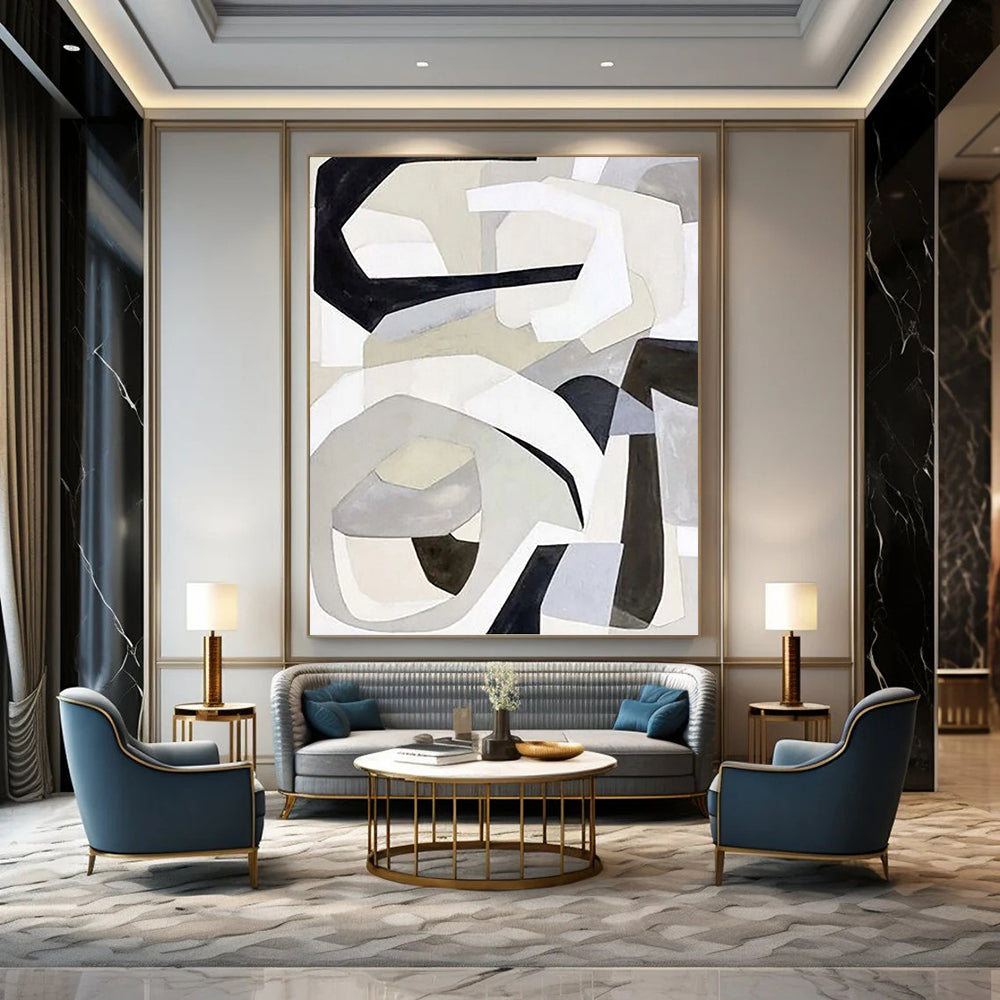 Monochrome Abstract Shapes in Gray Painting On Canvas DKH1141
