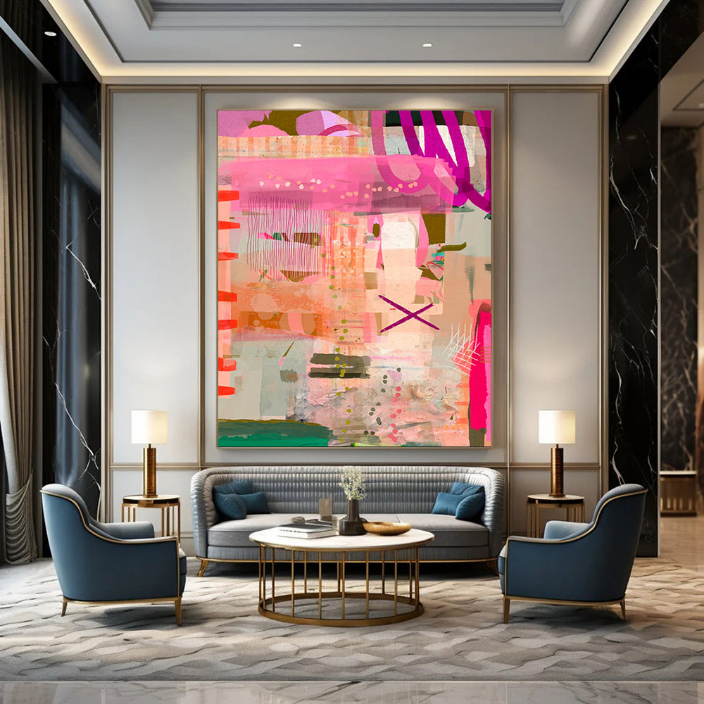 Pink, Orange, Playful Patterns - "Pink Pop Fiesta" - Abstract Mixed - media Art CT1816