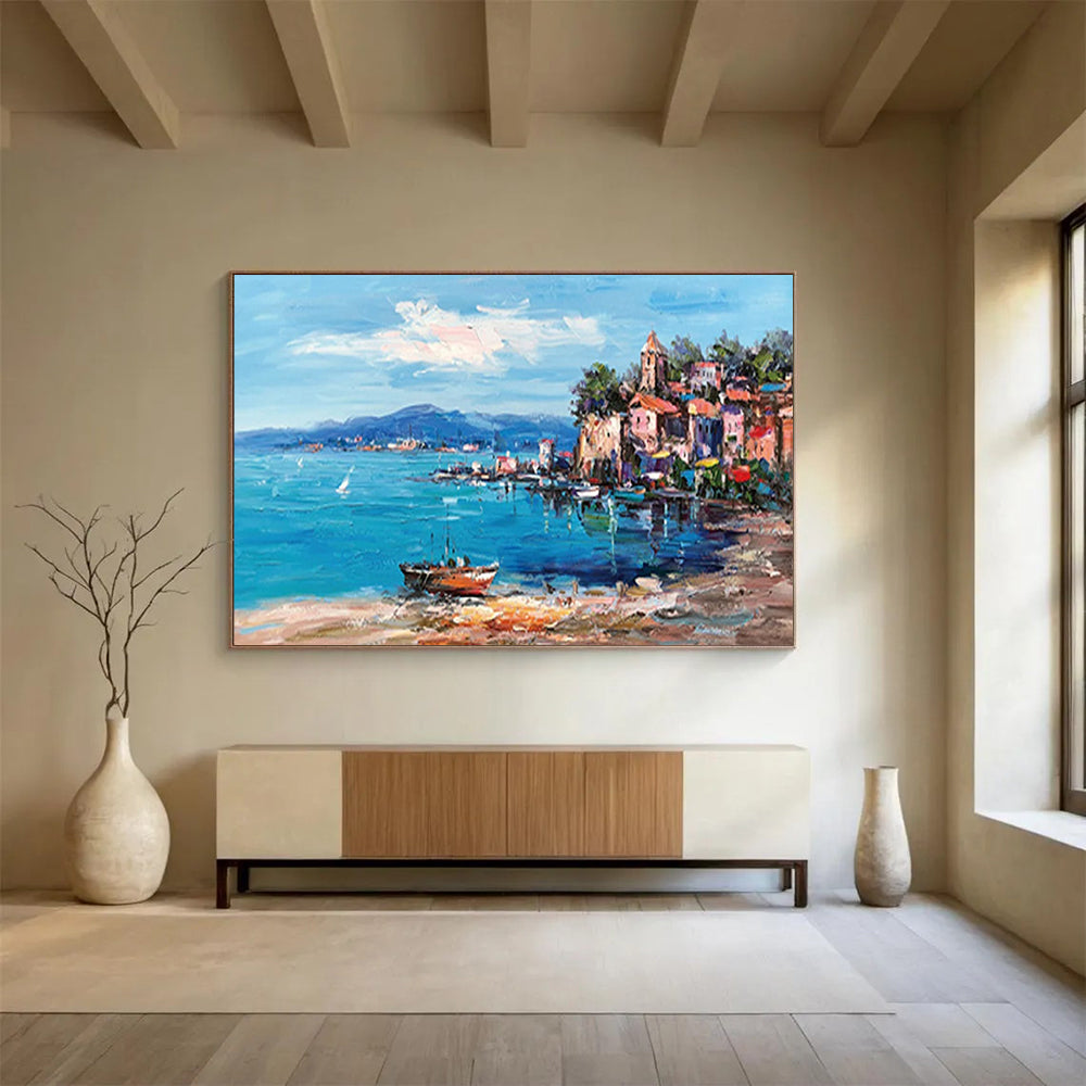 Colorful Coastal Village - Impressionist Seascape Painting On Canvas DLZ230