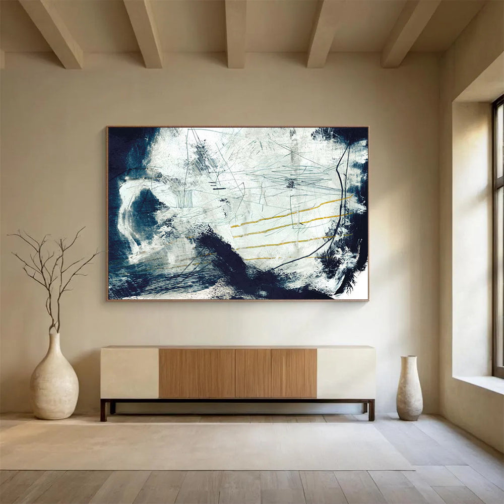 “Blue - White Abstract with Yellow Accents” Abstract Expressionist Painting On Canvas DLZ141