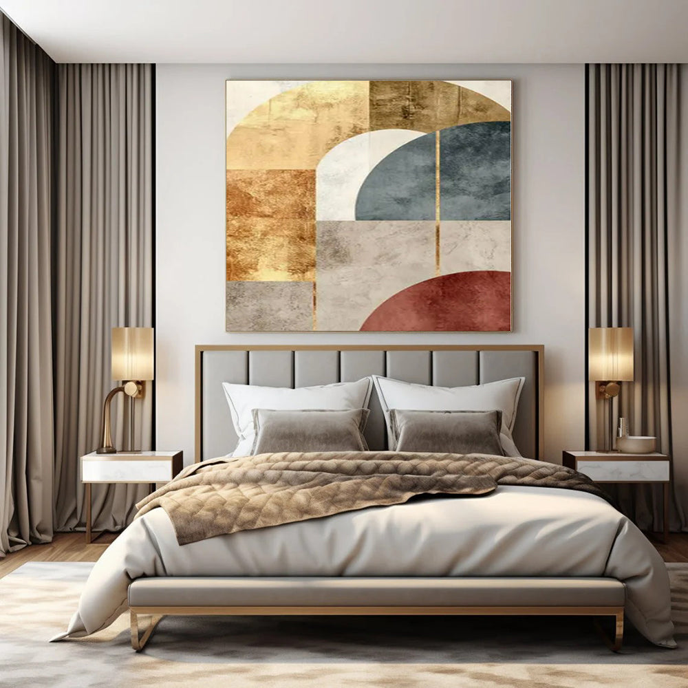 Geometric Arches: Gold, Blue & Rust - Abstract Minimalist Print CT1246