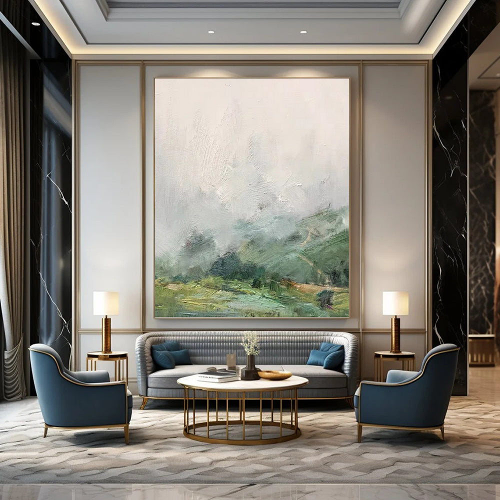 “Misty Valley” - Green, Gray & White Impressionistic Landscape Painting On Canvas DKH1541