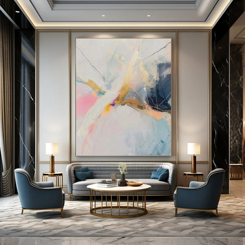 “Pastel, Gold & Blue Abstract Line Burst” Painting On Canvas DKH0995